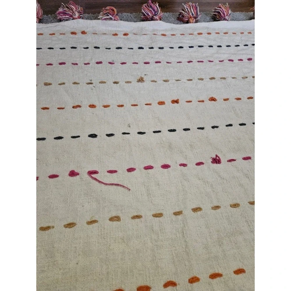 Boho Textured Woven Throw Blanket with Colorful Embroidery and Large Tassels